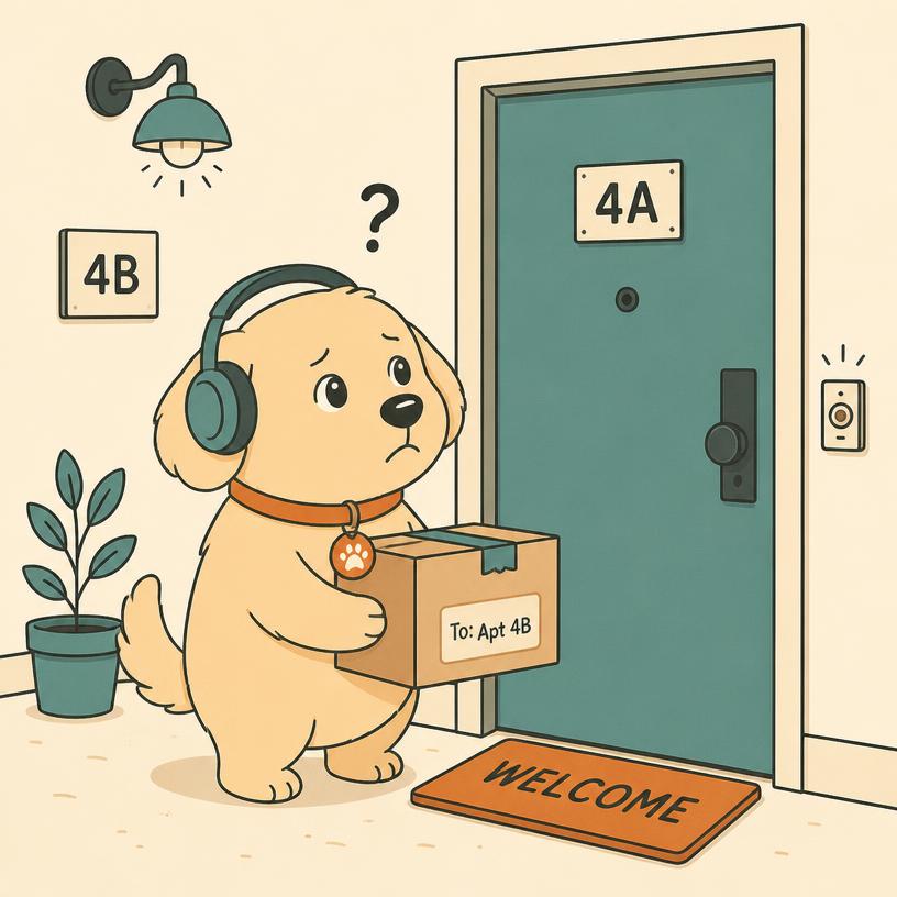Pip the puppy illustrating “Small Talk in the Lift”