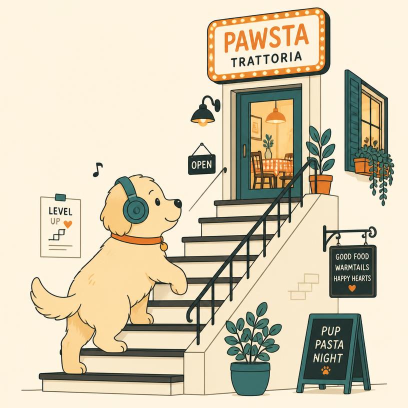 Pip climbing stairs to a small restaurant